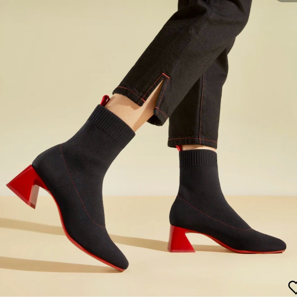 VIVAIA Regina Square-Toe Bootie Boots Black Red Heel 7 Instagram Favorite!!!